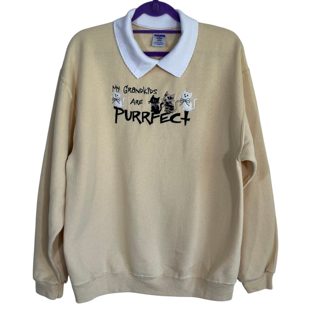 Jerzees Sz L Vintage 90s Oversized Cream Collared Crewneck Sweatshirt w Kittens